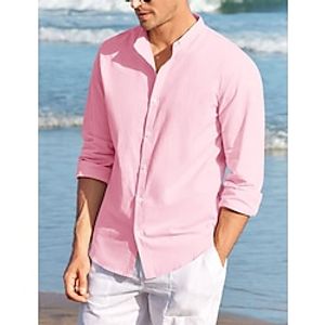 Men's Shirt Linen Shirt Button Up Shirt Beach Shirt Pink Army Green Long Sleeve Plain Lapel Spring   Fall Casual Daily Clothing Apparel Lightinthebox