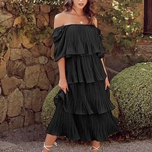 Women's Casual Dress Swing Dress Midi Dress Black White Pink Short Sleeve Pure Color Ruffle Spring Summer Square Neck Elegant Weekend Loose Fit 2023 S M L XL XXL miniinthebox