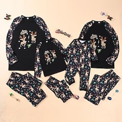 Family Christmas Pajamas Graphic Home Print Black Long Sleeve Mommy And Me Outfits Active Matching Outfits Lightinthebox