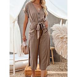 Women's Jumpsuit Lace up Button Solid Color Shirt Collar Basic Street Daily Regular Fit Short Sleeve Black Army Green Khaki S M L Summer Lightinthebox