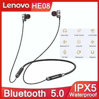 Lenovo HE08 HIFI Stereo Earphone 4 Speakers Dual Dynamic Wireless Headset Bluetooth 5.0 Neckband Sports Running Lightinthebox