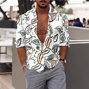 Men's Shirt Print Leaves Turndown Street Casual Button-Down Long Sleeve Tops Casual Fashion Breathable Comfortable White Lightinthebox