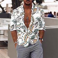 Men's Shirt Print Leaves Turndown Street Casual Button-Down Long Sleeve Tops Casual Fashion Breathable Comfortable White Lightinthebox - thumbnail