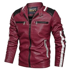 Men's Faux Leather Jacket Biker Jacket Outdoor Daily Wear Warm Fall Winter Plain Fashion Streetwear Lapel Regular Red  White Jacket Lightinthebox