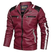 Men's Faux Leather Jacket Biker Jacket Outdoor Daily Wear Warm Fall Winter Plain Fashion Streetwear Lapel Regular Red  White Jacket Lightinthebox - thumbnail