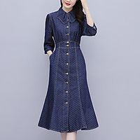 Women's A Line Dress Midi Dress Blue Long Sleeve Solid Color Pocket Button Fall Summer Shirt Collar Stylish Elegant Casual 2022 S M L XL XXL 3XL Lightinthebox - thumbnail