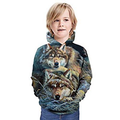 Kids Boys' Hoodie  Sweatshirt Long Sleeve Wolf 3D Print Animal Print Green Children Tops Summer Active Daily Wear Regular Fit 3-13 Years miniinthebox