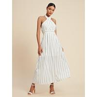 100% Cotton Stripe Tie Back Halter Sleeveless Maxi Dress