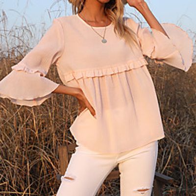 Women's Blouse Shirt Plain Long Sleeve Ruffle Round Neck Streetwear Tops Blushing Pink Lightinthebox