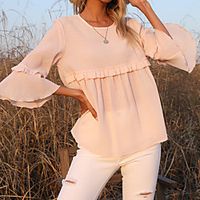 Women's Blouse Shirt Plain Long Sleeve Ruffle Round Neck Streetwear Tops Blushing Pink Lightinthebox - thumbnail