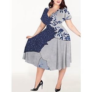 Women's Plus Size Casual Formal Dress A Line Formal Dress Leaf Floral Midi Formal Dress Short Sleeve Print V Neck Elegant Party Blue Summer Spring L XL XXL 3XL 4XL Lightinthebox