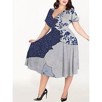 Women's Plus Size Casual Formal Dress A Line Formal Dress Leaf Floral Midi Formal Dress Short Sleeve Print V Neck Elegant Party Blue Summer Spring L XL XXL 3XL 4XL Lightinthebox - thumbnail