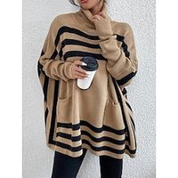 Women's Pullover Sweater Jumper Turtleneck Ribbed Knit Acrylic Pocket Knitted Batwing Sleeve Fall Winter Regular Outdoor Daily Going out Stylish Casual Soft Long Sleeve Striped Khaki S M L miniinthebox - thumbnail