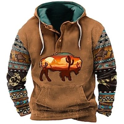 Tribal Graphic Prints Men's Streetwear 3D Print Hoodie Holiday Vacation Going out Hoodies Light Brown Blue Long Sleeve Hooded Print Button Spring   Fall Designer Hoodie Sweatshirt Lightinthebox