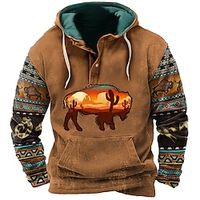 Tribal Graphic Prints Men's Streetwear 3D Print Hoodie Holiday Vacation Going out Hoodies Light Brown Blue Long Sleeve Hooded Print Button Spring   Fall Designer Hoodie Sweatshirt Lightinthebox - thumbnail
