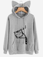 Cat Ears Cat Pattern Hooded Women Hoodies