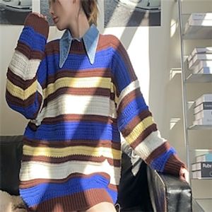 Women's Pullover Jumper Waffle Knit Hollow Out Striped Crew Neck Casual Daily Weekend Winter Fall Blue Red One-Size miniinthebox