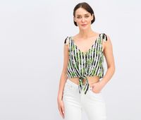Juniors Tassel-Shoulder Tie-Hem Tropical Stripe  Black combo - thumbnail