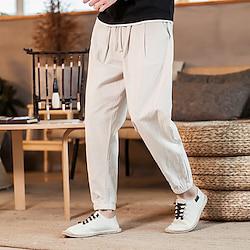 Men's Linen Pants Trousers Summer Pants Beach Pants Pocket Drawstring Elastic Waist Plain Comfort Breathable Ankle-Length Daily Holiday Vacation Cotton Blend Hawaiian Boho ArmyGreen Black Lightinthebox