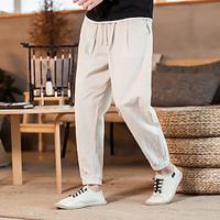 Men's Linen Pants Trousers Summer Pants Beach Pants Pocket Drawstring Elastic Waist Plain Comfort Breathable Ankle-Length Daily Holiday Vacation Cotton Blend Hawaiian Boho ArmyGreen Black Lightinthebox