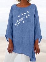 Round Neck Casual Loose Dandelion Print Long Sleeve Blouse