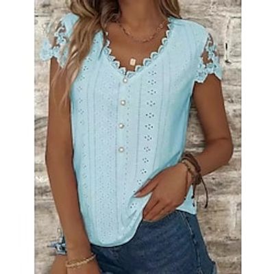 Shirt Blouse Women's Blue Solid Color Lace Beaded Street Daily Fashion V Neck S Lightinthebox