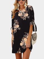 Black Random Floral Print Self-tie at Sleeves Mini Dress - thumbnail