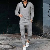 Men's Waffle Polo Shirt Quarter Zip Polo Daily Holiday Quarter Zip Long Sleeve Fashion Modern Color Block 2 Piece Spring   Fall Regular Fit Black Royal Blue Light Grey Dark Grey Apricot Waffle Polo Lightinthebox
