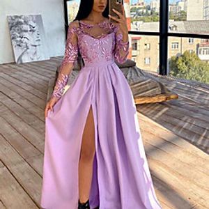 A-Line Elegant Princess Wedding Guest Prom Dress Jewel Neck Long Sleeve Floor Length Satin with Slit Appliques 2022 Lightinthebox