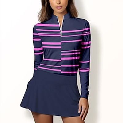 Women's Polo Shirt Golf Shirt Breathable Quick Dry Moisture Wicking Long Sleeve Golf Apparel Golf Clothes Regular Fit Zipper Stand Collar Stripes Spring Autumn Tennis Golf Pickleball Lightinthebox