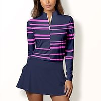 Women's Polo Shirt Golf Shirt Breathable Quick Dry Moisture Wicking Long Sleeve Golf Apparel Golf Clothes Regular Fit Zipper Stand Collar Stripes Spring Autumn Tennis Golf Pickleball Lightinthebox - thumbnail