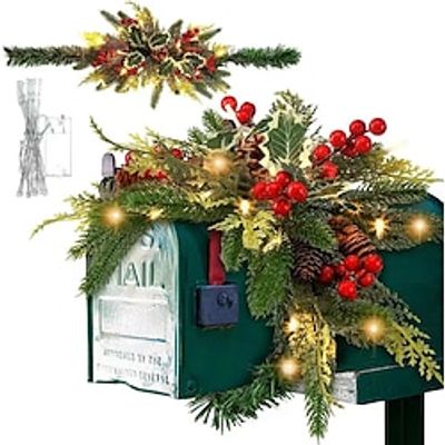 Christmas Mailbox Swag with Berries Pine Cones and Battery Operated LED Lights,Christmas Mailbox Decoration Christmas Mailbox Wreath,Christmas Swag with Lights for Xmas miniinthebox