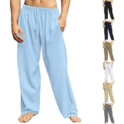 Men's Linen Pants Trousers Summer Pants Beach Pants Drawstring Elastic Waist Straight Leg Plain Comfort Breathable Daily Holiday Vacation Hawaiian Boho Black White Lightinthebox