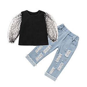 Kids Girls' T-shirt  Jeans Clothing Set 2 Pieces Long Sleeve Black Floral Embroidered Mesh Ripped Street Casual / Daily Street Style Cute Regular 2-6 Years miniinthebox