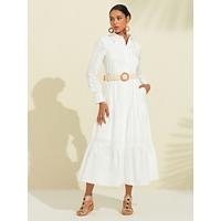 Women's Cotton Essential Casual Work Wear Collared Button Down Long Sleeve Loose Fit Shirt Midi Dress
