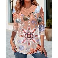 Women's T shirt Tee Christmas Shirt Snowflake Pink Blue Purple Button Print Long Sleeve Christmas Weekend Festival  Holiday V Neck Regular Fit Spring   Fall Lightinthebox - thumbnail