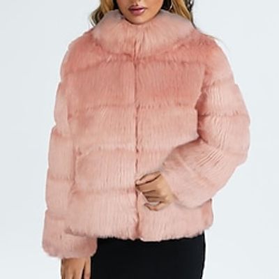 Women's Faux Fur Coat Warm Breathable Formal Party Street Going out Faux Fur Trim Zipper Stand Collar OL Style Elegant Modern Solid Color Regular Fit Outerwear Long Sleeve Winter Fall Black Blue Pink Lightinthebox