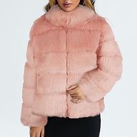 Women's Faux Fur Coat Warm Breathable Formal Party Street Going out Faux Fur Trim Zipper Stand Collar OL Style Elegant Modern Solid Color Regular Fit Outerwear Long Sleeve Winter Fall Black Blue Pink Lightinthebox - thumbnail