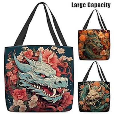 Women's Shoulder Bag Canvas Tote Bag Dragon  Pattern Polyester Shopping Daily Holiday Print Large Capacity Foldable Lightweight Flower Green miniinthebox