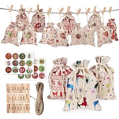 Christmas Gift Bags Advent Calendar 2024,24 Days Hanging Advent Calendars Garland Candy Gift Bags with Wooden Clips Hemp Rope Drawstring Lightinthebox