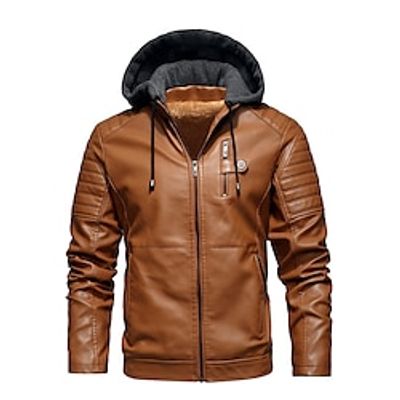 Men's Faux Leather Jacket Winter Jacket Hoodie Jacket Outdoor Daily Wear Warm Fall Winter Plain Fashion Streetwear Hooded Regular Black Wine Brown Beige Jacket Lightinthebox