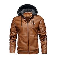 Men's Faux Leather Jacket Winter Jacket Hoodie Jacket Outdoor Daily Wear Warm Fall Winter Plain Fashion Streetwear Hooded Regular Black Wine Brown Beige Jacket Lightinthebox - thumbnail
