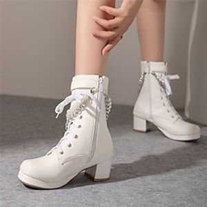 Women's Boots Combat Boots White Shoes Lolita Wedding Party Daily Solid Color Booties Ankle Boots Imitation Pearl Block Heel Round Toe Casual PU Zipper Black White Pink miniinthebox