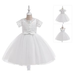 Kids Girls' Party Dress Solid Color Leaf Flower Short Sleeve Performance Birthday Lace Tie Knot Princess Sweet Polyester Cotton Blend Lace Knee-length Party Dress Summer Spring Fall 3-8 Years White Lightinthebox