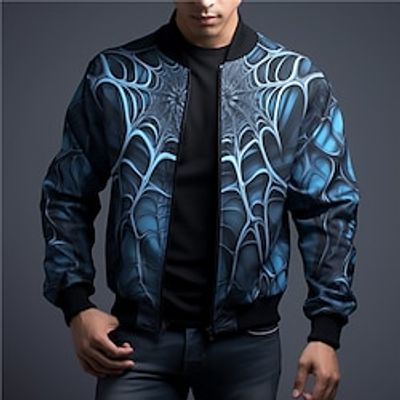 Spider Abstract Men's Bomber Jacket Coat Sports  Outdoor Daily Wear Going out Fall  Winter Standing Collar Long Sleeve Blue S M L Polyester Denim Weaving Jacket Lightinthebox