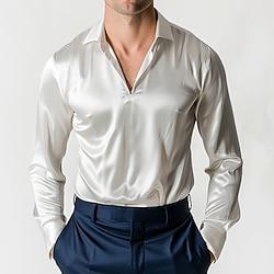 Men's Shirt Button Up Shirt Casual Shirt Beach Shirt Satin Silk Shirt Black White Wine Blue Green Long Sleeve Solid Color Deep V Lapel Wedding Party / Evening Clothing Apparel Elegant Fashion Casual Lightinthebox