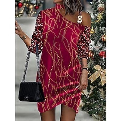 Women's Velvet Dress Party Dress Cocktail Dress Mini Dress Wine Long Sleeve Geometric Sequins Spring Fall Winter Cold Shoulder Fashion Winter Dress Christmas Wedding Guest 2023 S M L XL XXL 3XL Lightinthebox
