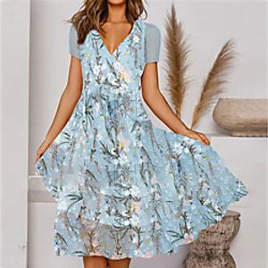 Women's A Line Dress Midi Dress Blue Short Sleeve Floral Print Summer V Neck Casual 2021 S M L XL XXL Lightinthebox