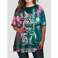 Women's Plus Size Dress T Shirt Dress Tee Dress Short Mini Dress Half Sleeve Cat Graphic Animal Print Basic Fall Spring Summer Blue XL XXL 3XL 4XL 5XL Lightinthebox - thumbnail