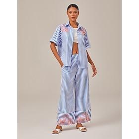 Striped Embroidered Oversized Shirt Wide leg Pants Set